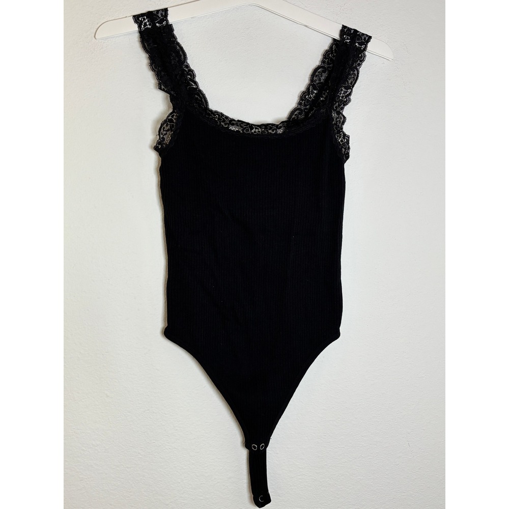 Pink Rose Black Ribbed Lace Trim Sleeveless Bodysuit XS/S